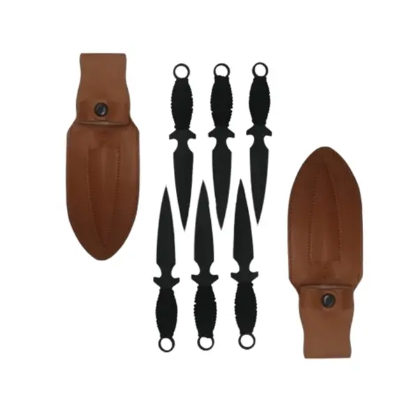 Set sase cutite de aruncat, Black Fury, DEPOX , 16.5 cm, otel inoxidabil, teaca piele inclusa