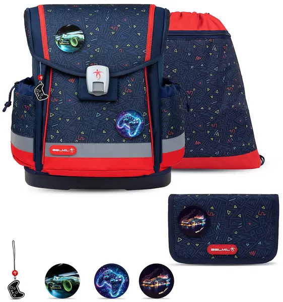 Set școlar Belmil - Gamer, ghiozdan, penar, sac și 3 insigne