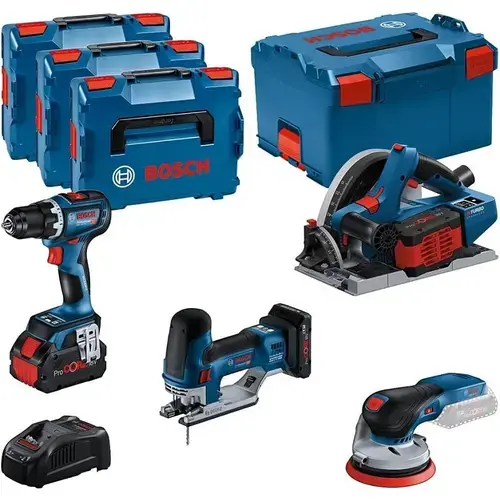 Set scule electrice BOSCH, GSR 18V-90 C, GKT 18V-52 GC, GST 18V-155 SC, GEX 18V-125, 1 x 18V, 4 Ah, 2 x 18V, 5.5 Ah, 4 x cutii