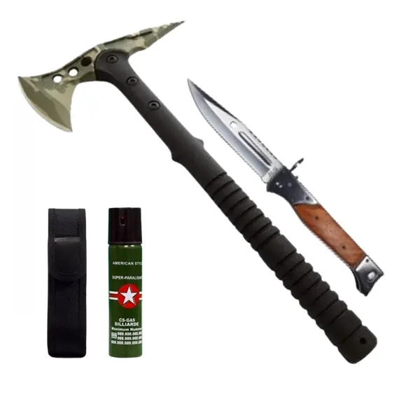 Set secure supravietuire, briceag vanatoare si spray autoaparare DEPOX , otel inoxidabil, verde, 40 cm 22 cm 110 ml, teaca inclusa