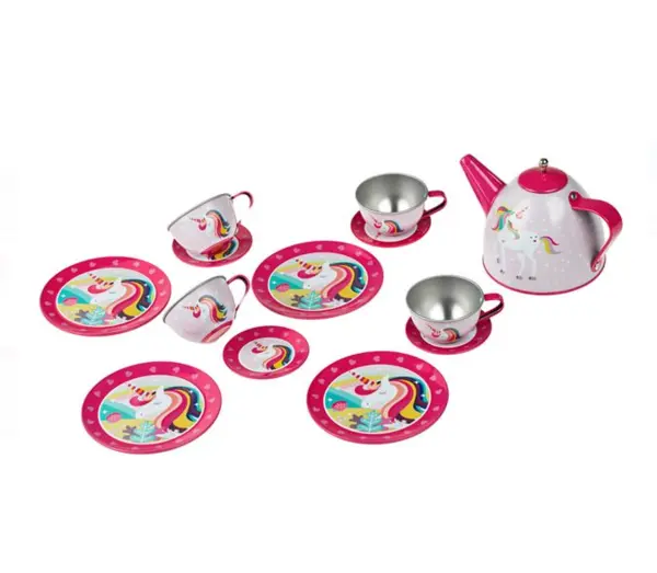 Set servire ceai pentru copii, Metal, Roz,13 piese