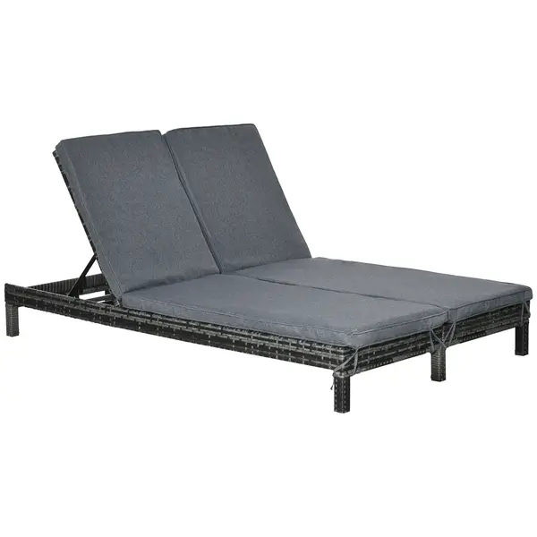 Set Sezlong cu 2 locuri și 2 perne captusite, husa impermeabila, din PE Ratan, Cadru in otel, Gri 195x120x28cm Outsunny | Aosom Romania
