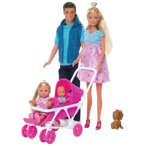 Set Simba Steffi Love Welcom Surprise Family papusa Steffy 29 cm, papusa Kevin 29 cm, papusa Evi 12 cm si accesorii