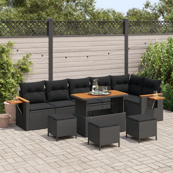 Set sofa de gradina Gossi cu 9 piese si perne negre din poliratan, set dining gradina Gossi cu 3 piese si perne negre din poliratan