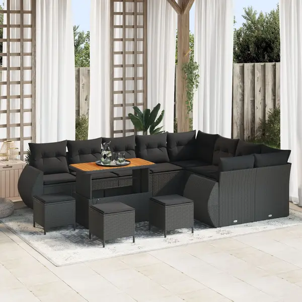 Set sofa gradina Gossi 12 piese cu perne negru ratan poli akacia, set dining gradina Gossi 3 piese cu perne negru ratan poli akacia