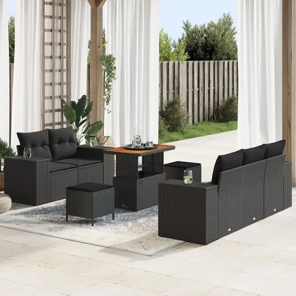 Set sofa gradina Gossi 8 piese cu perne negru poliratan acacia, set dining gradina Gossi 3 piese cu perne negru poliratan acacia