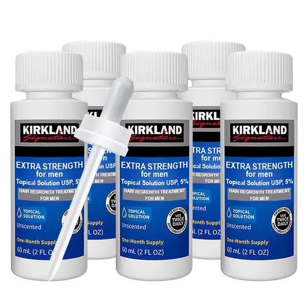 Set Solutie, Kirkland, Minoxidil 5%, pentru Stimularea Cresterii Parului si a Barbii, Pipeta Inclusa, 5x 60ml