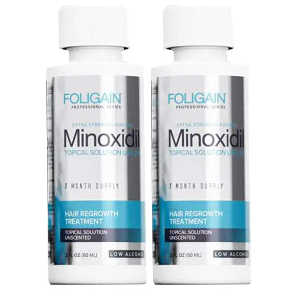 Set Solutie pentru Cresterea Parului, Foligain, Minoxidil 5%, cu Alcool Redus, Pipeta Inclusa, 2x 60ml