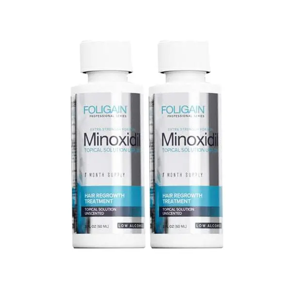 Set Solutie pentru Cresterea Parului, Foligain, Minoxidil 5%, cu Alcool Redus, Pipeta Inclusa, 2x 60ml