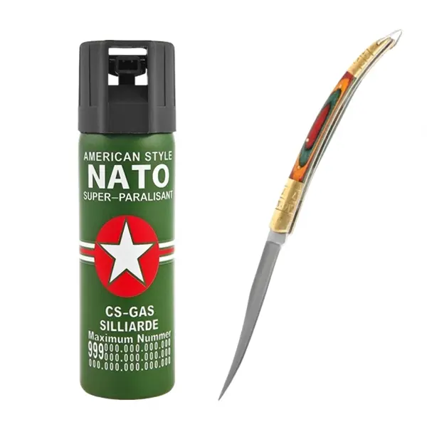 Set spray cu piper si cutit model spaniol 15 cm, auto-aparare, 110 ml, verde