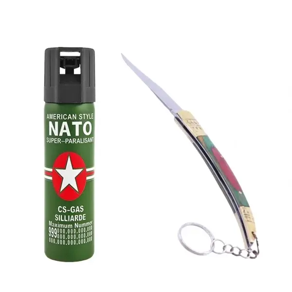 Set spray cu piper si cutit model spaniol 20.5 cm, auto-aparare, 60 ml, verde