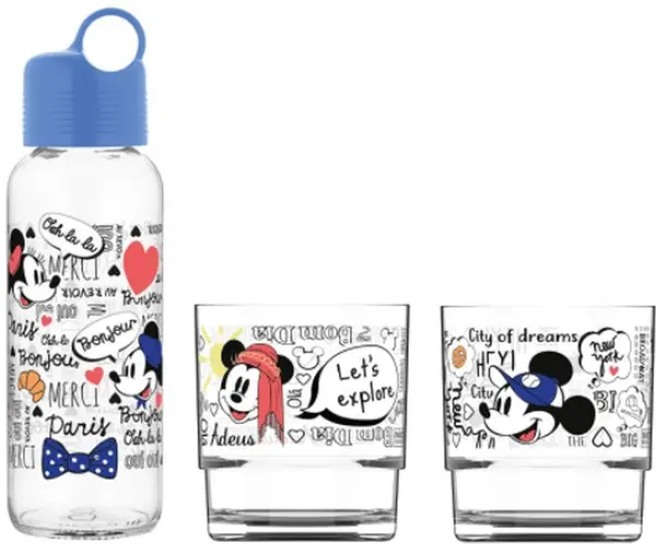 Set sticla si 2 pahare Disney - albastru
