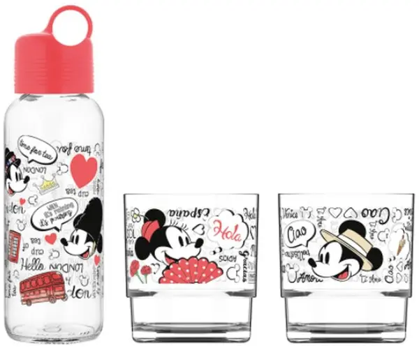 Set sticla si 2 pahare Disney - rosu