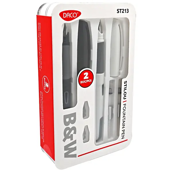 Set stilou alb si negru + penita M si F + 2 convertoare, Daco Black & White
