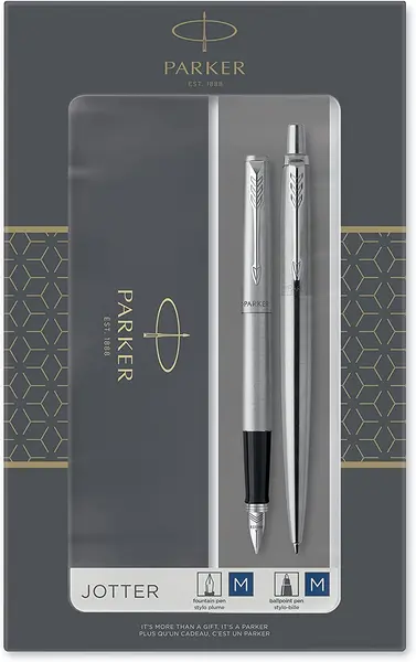 Set stilou Parker Jotter Stainless Steel -Cu pix, placat cu argint,