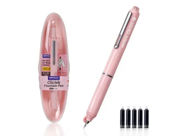 Set stilou retractabil Writech cu 5 rezerve cerneala albastru,grosime penita F, corp roz,cutie depozitare