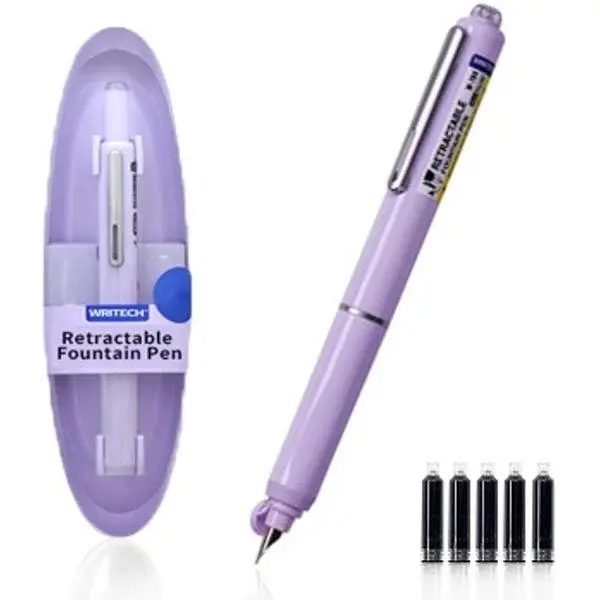 Set stilou retractabil Writech cu 5 rezerve cerneala albastru,grosime penita F, corp violet,cutie depozitare