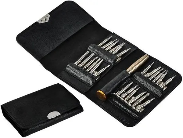 Set șurubelnițe de precizie 25 în 1, carcasă magnetică din piele ecologică, 24 vârfuri