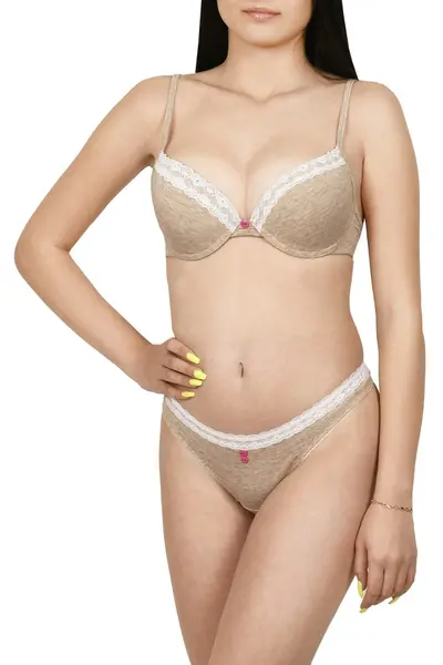 Set sutien semiburetat si chilot tanga, Lemila, bej (Marime chilot: L, Marime cupa: 80B)