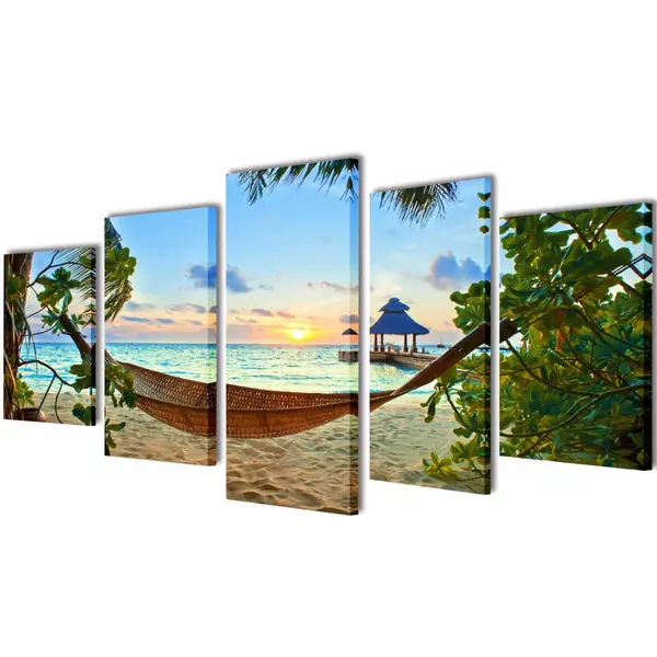 Set tablouri panza cu imprimeu plaja cu nisip si hamac, 100 x 50 cm