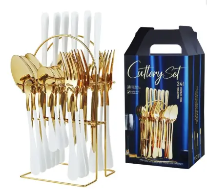 Set tacamuri 24 piese cu suport otel inoxidabil ALB AURIU