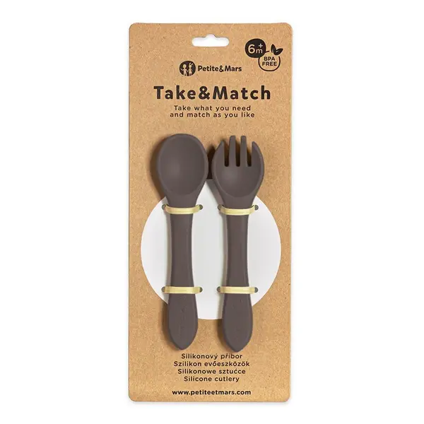 Set tacamuri din silicon PetiteMars Bitter Cocoa Maro TakeMatch, forma ergonomica, fara BPA, 6 luni+