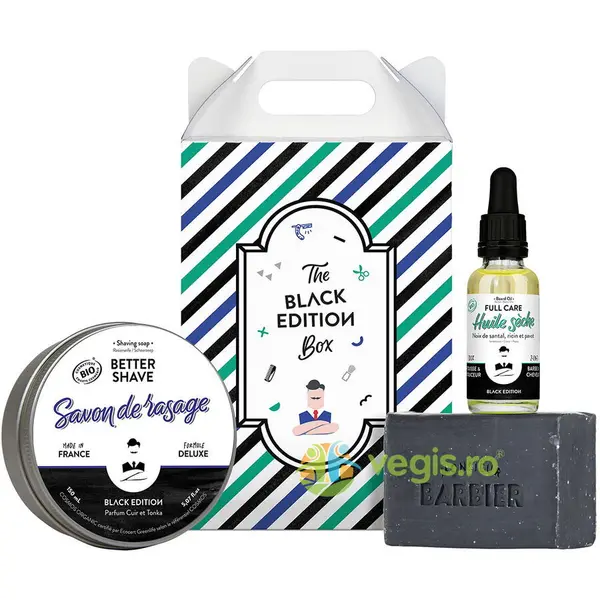 Set The Black Edition Box Sapun pentru Fata si Corp 100g + Sapun de Barbierit Traditional 150ml + Ulei Uscat pentru Barba si Par 30ml