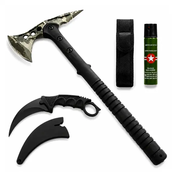 Set topor, cutit karambit si spray autoaparare DEPOX , otel inoxidabil, verde negru, 40 cm 19 cm 110 ml, teaca inclusa