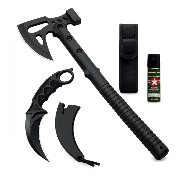 Set topor multifuncțional, cuțit karambit Night și spray autoapărare DEPOX , otel inoxidabil, negru, 42 cm 19 cm 60 ml, teaca inclusa