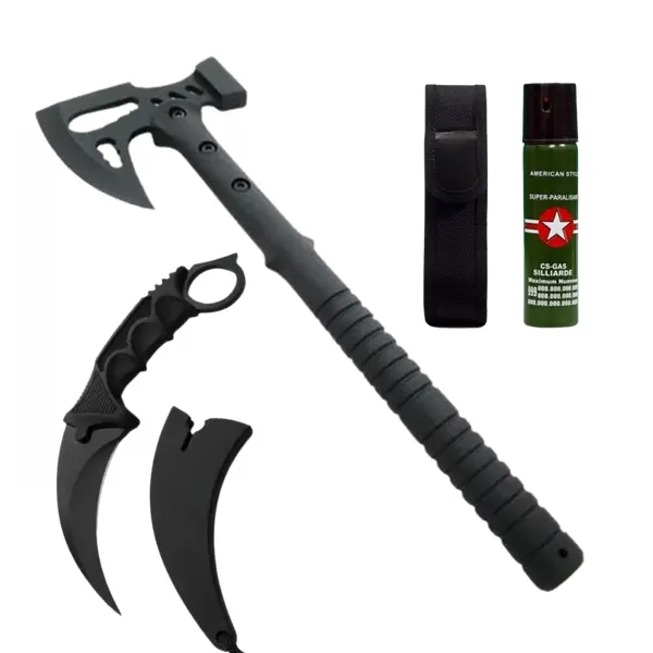 Set topor multifuncțional, cuțit karambit Night și spray autoapărare DEPOX , otel inoxidabil, negru, 42 cm 19 cm 110 ml, teaca inclusa