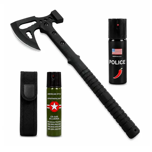 Set topor multifunctional, spray paralizant autoaparar si spray chili DEPOX , otel inoxidabil, negru, 42 cm 60 ml 60 ml, teaca inclusa