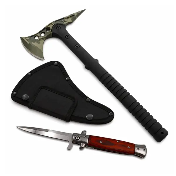 Set topor si briceag de vanatoare DEPOX , otel inoxidabil, 40 cm 23 cm, verde maro