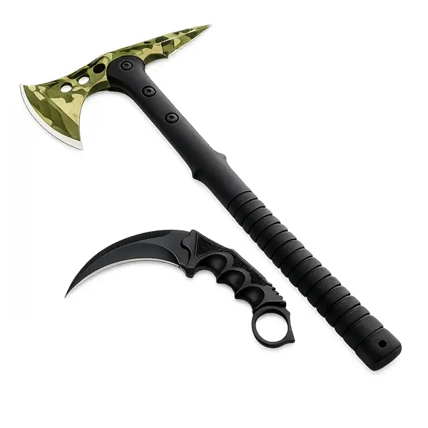 Set topor si cutit karambit DEPOX , otel inoxidabil, verde.negru, 40 cm 18.5 cm, teaca inclusa