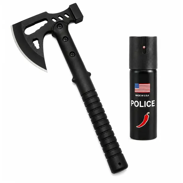 Set topor si spray autoaparare chili DEPOX , otel inoxidabil, negru, 42 cm 60 ml, teaca inclusa