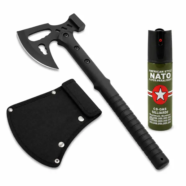Set topor si spray paralizant propulsie jet DEPOX , otel inoxidabil, negru, 42 cm 60 ml, teaca inclusa