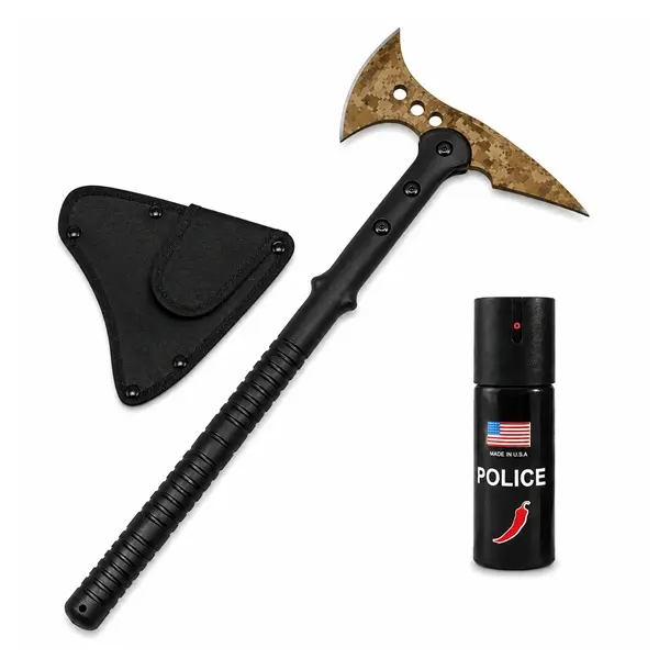 Set topor Survivor si spray paralizant chili DEPOX , Desert Camo, 39 cm 60 ml, negru