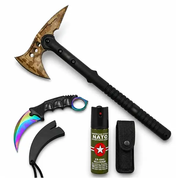 Set topor Survivor, spray paralizant si cutit karambit DEPOX , 39 cm 110 ml 25 cm, husa inclusa