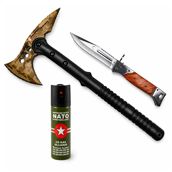 Set topor SurvivormBriceag Automat din Oțel 440C si Spray Autoapărare NATO 39 cm 60 ml 22 cm, husa inclusa