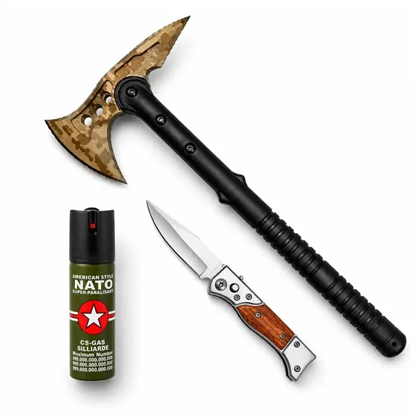 Set topor SurvivormBriceag Automat din Oțel 440C si Spray Autoapărare NATO 39 cm 60 ml 16 cm, husa inclusa
