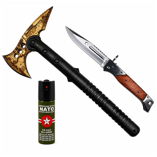Set topor SurvivormBriceag Automat din Oțel 440C si Spray Autoapărare NATO 39 cm 60 ml 27 cm, husa inclusa
