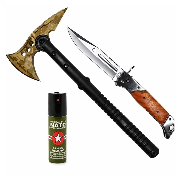 Set topor SurvivormBriceag Automat din Oțel 440C si Spray Autoapărare NATO 39 cm 110 ml 27 cm, husa inclusa
