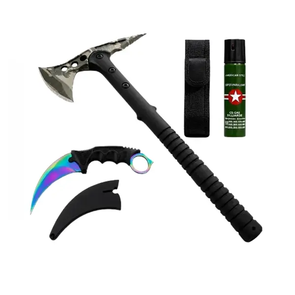 Set topor tactical, cutit karambit si spray autoaparare DEPOX , otel inoxidabil, 40 cm 19 cm 60 ml, teaca inclusa