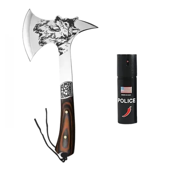 Set topor vanatoare si spray autoaparare chili DEPOX m otel inoxidabil, 33 cm 60 ml, teaca inclusa