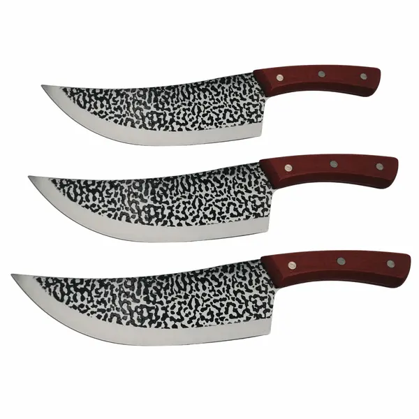 Set trei cutite de bucatarie DEPOX , Japanese Soul, lucrate manual, otel damasc, maner lemn, maro