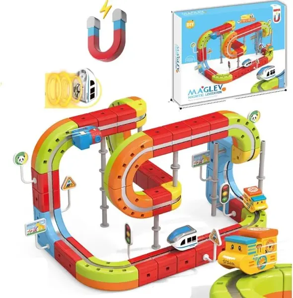 Set tren cu traseu magnetic si circuit 3D - 98 piese