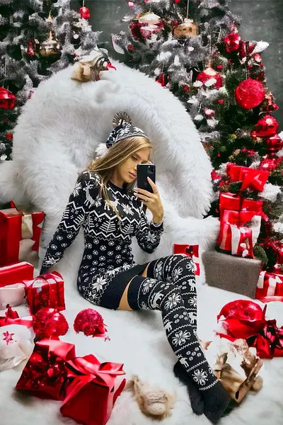 Set tricotat cu imprimeu de Craciun - Snowflakes, rochie, caciula cu mot mic si sosete jambiere, Deer snow, Black, Marime S/M