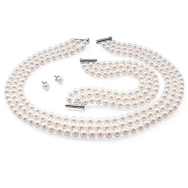 Set Triplu Perle Naturale Albe 6-7 mm - Colier, Bratara E i Cercei, Argint 925 KASKADDA