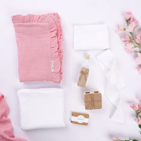 Set Trusou Botez Roz Muselină Dublată TWINDECO Pink Cotton Flower