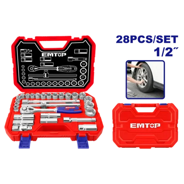 Set tubulare cu clichet 1 2, ³ 28 buc, cutie de transport - ESKT12281, EMTOP