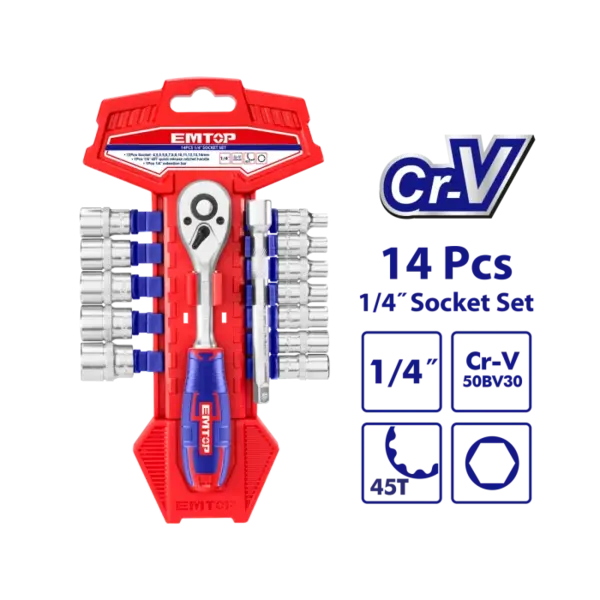 Set tubulare cu clichet 1 4 14 buc - ESKT14141, EMTOP